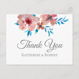 Cartão Postal Flores Rosa Elegantes Aquarela Obrigado