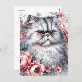 Cartão Postal Flores Rosa-Gata Persa Arte Aquecida