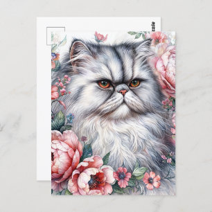 Cartão Postal Flores Rosa-Gata Persa Arte Aquecida