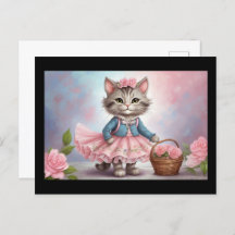 Flores Rosa Gato em Vestido com Flower Basket