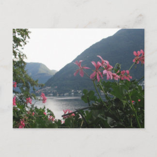 Cartão Postal Flores rosa sobre o Lago Como