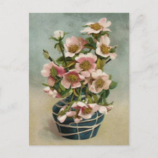 Cartão Postal Flores Rosa Vintage em Vaso Azul