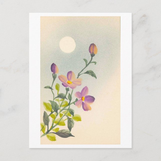 Cartão Postal Flores Roxas Antigas ao Luar Japonês (Frente)