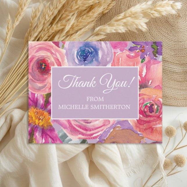 Cartão Postal Flores roxas, cor-de-rosa, obrigado (Elegant purple and pink watercolor wildflowers birthday party thank you postcard)