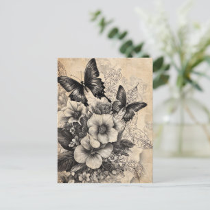 Cartão Postal Flores russas e borboletas - Papel envelhecido (10