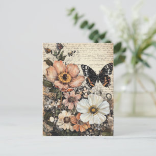 Cartão Postal Flores russas e borboletas - Papel envelhecido (14