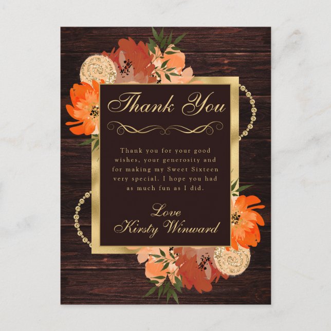 Cartão Postal Flores Rústicas de Outono Laranja Queimado Doce De (Frente)