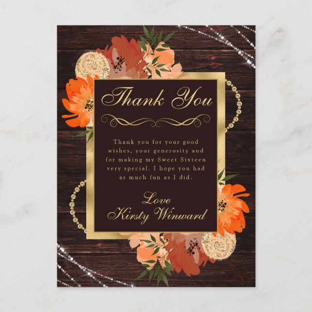 Cartão Postal Flores Rústicas de Outono Laranja Queimado Doce De (Frente)