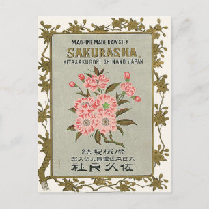 Cartão Postal Flores Sakura Vintage Rótulo de Seda Japonês