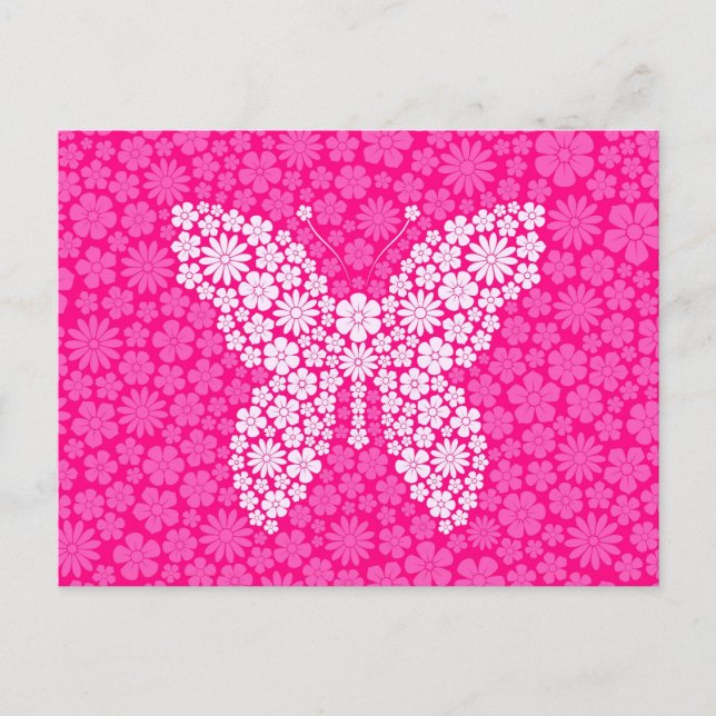 Cartão Postal Flores Selvagens Rosa Borboleta (Frente)