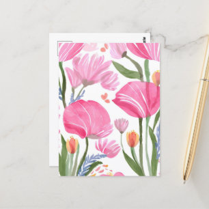 Cartão Postal Flores Silvestres Cor-de-Rosa   Aquarela Floral