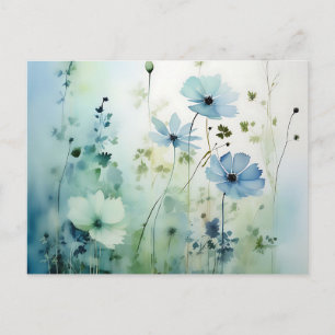 Cartão Postal Flores Silvestres Em Uma Aquarela Azul Suave