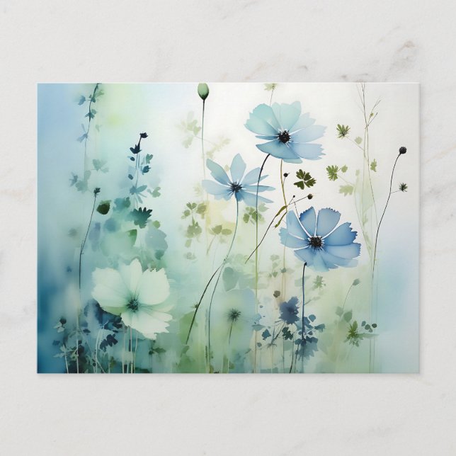 Cartão Postal Flores Silvestres Em Uma Aquarela Azul Suave (Frente)
