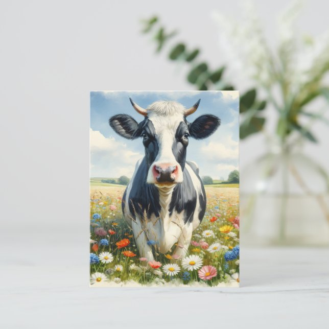 Cartão Postal Flores silvestres Holstein Vaca leiteira (Em pé/Frente)
