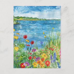 Cartão Postal Flores silvestres junto a um lago