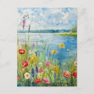 Cartão Postal Flores silvestres junto a um lago