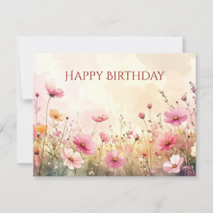 Cartão Postal Flores silvestres rosa e creme Feliz Aniversário