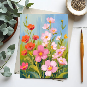 Cartão Postal Flores Silvestres Rosa Pintura Floral em Aquarel