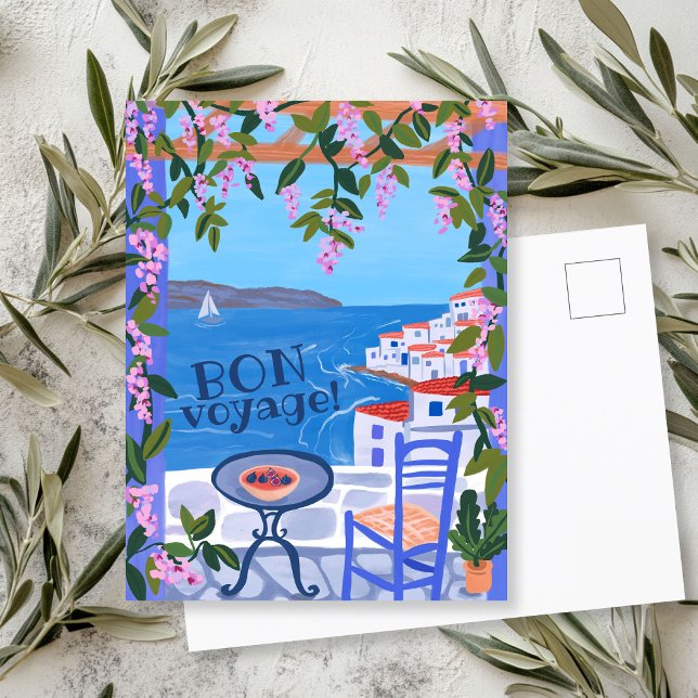 Cartão Postal Flores Terrace Ilha Grega BON VOYAGE (BON VOYAGE Flowers Terrace Greek Island Postcard
)