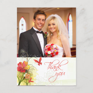 Cartão Postal Flores verdes vermelhas + obrigado de casamento da