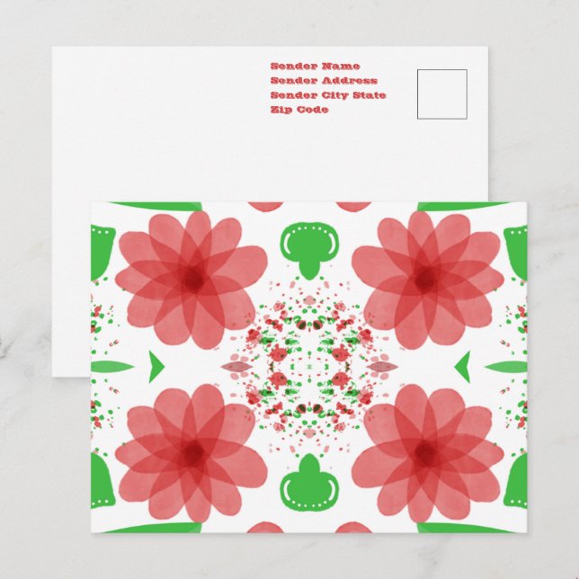 Cartão Postal Flores Vermelhas Caprichosas Folhas Verdes Sobre A (Frente/Verso)