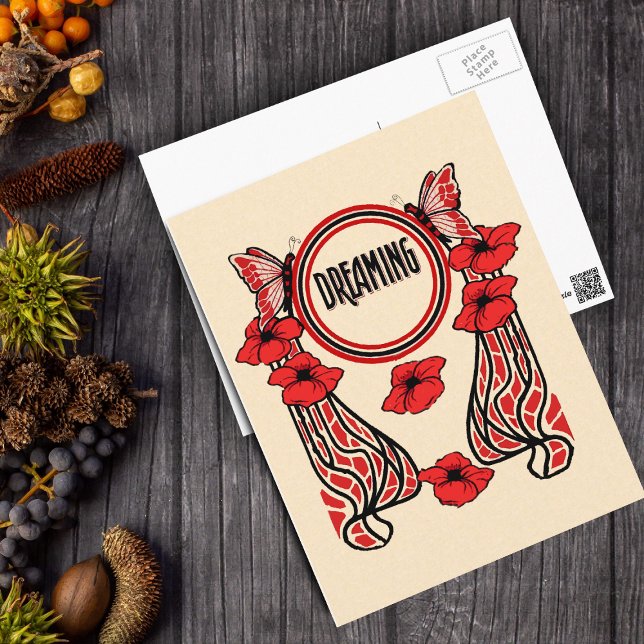 Cartão Postal Flores Vermelhas Flores Borboleta Abstrato Sonhand (Abstract Design red poppy flowers butterflies on tan postcard.)
