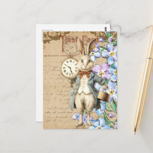 Cartão Postal Flores Vintage e Colagem do Coelho Branco