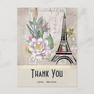 Cartão Postal Flores Vintage, Torre Eiffel e Agradecimento em Sa