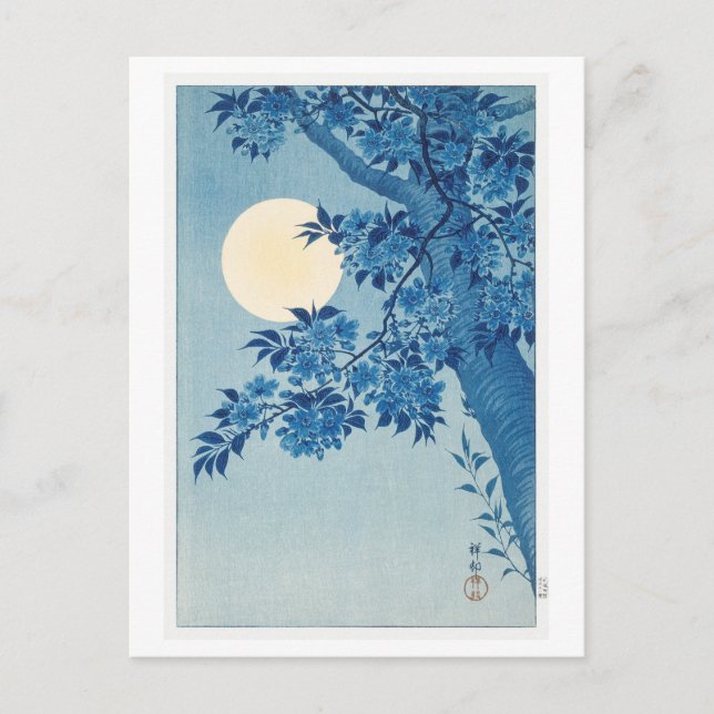 Cartão Postal Florescente cereja em uma noite iluminada pela lua (Frente)