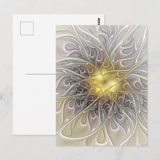 Cartão Postal Florescer Com Floral Fractal Abstrata Moderna Dour (Frente/Verso)
