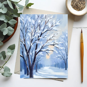 Cartão Postal Floresta Beijada pela Neve   Pintura em Aquarela d