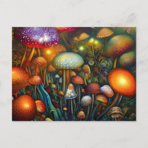Cartão Postal Floresta Colorida de Cogumelos Psicodélicos