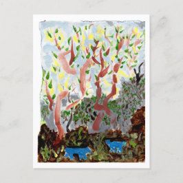 Cartão Postal Floresta com bestas azuis e cartaz tipo