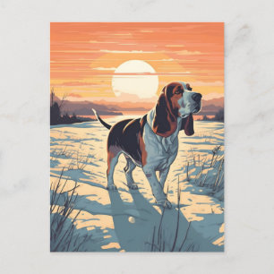 Cartão Postal Floresta de inverno do Basset Hound durante o pôr 