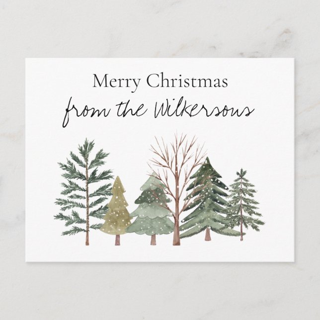 Cartão Postal Floresta de Inverno em Aquarela Árvores Simples (Frente)
