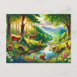 Cartão Postal Floresta Encantada Serene com Pintura de Animais