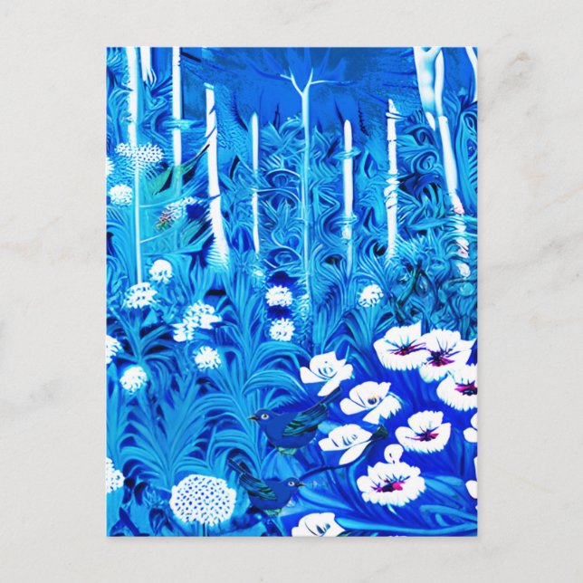 Cartão Postal Floresta Fantasia com Flores e Pássaros (Frente)