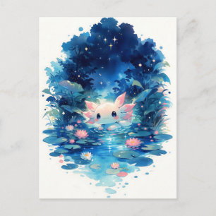 Cartão Postal Floresta Indigo Brilhante Lago Kawaii de Axolote