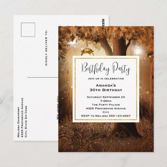 Cartão Postal Floresta Mágica com Luzes de Fada Convidam (Frente/Verso)