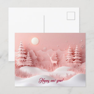 Cartão Postal Floresta Neve Rosa Ano Novo