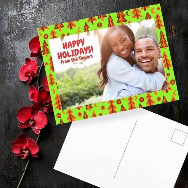 Cartão Postal Floresta Pinheira Lua Estrelas Férias PERSONALIZAD (Forest Pine Trees Moon Stars CUSTOM PHOTO Holiday Christmas Postcard
)