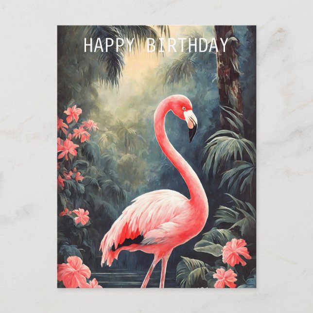 Cartão Postal Floresta Tropical Rosa Flamingo Vintage (Frente)
