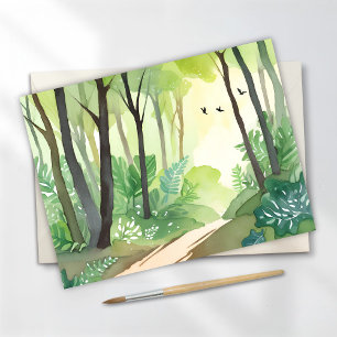 Cartão Postal Floresta Verde Florescente Aquarela da Natureza