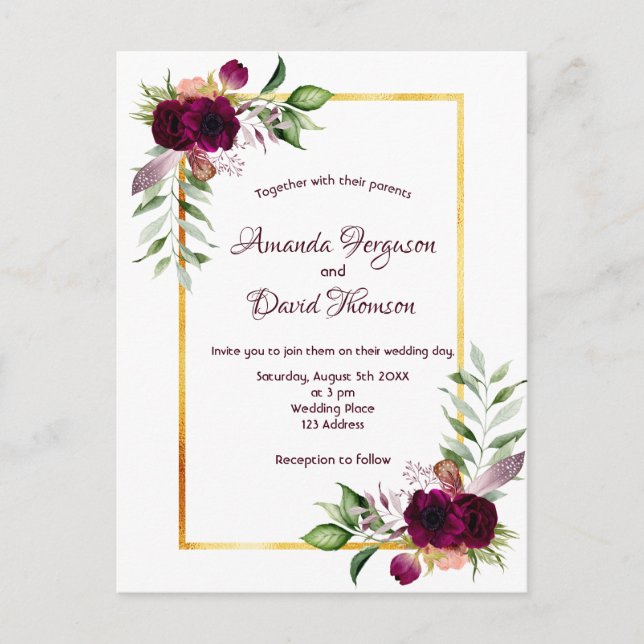 Cartão Postal Florestas borgonhetas de ouro verde boho casamento (Frente)