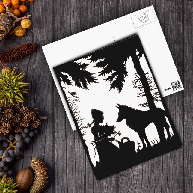 Cartão Postal Florestas de Lobo de Capuchos Vermelho-Silhueta Pr (Black Silhouette on white Little red riding hood wolf in woods on postcard.)
