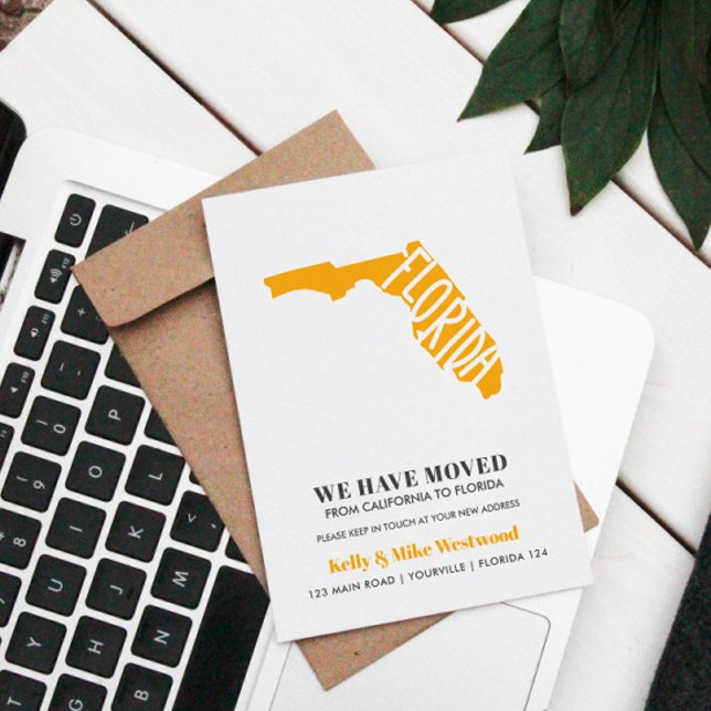 Cartão Postal FLORIDA Mudamos o novo endereço Novo lar (MOVING ANNOUNCEMENT TO FLORIDA WITH STATE MAP)