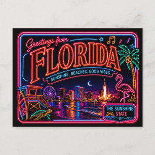 Cartão Postal Flórida Neon Estado Retro Vintage
