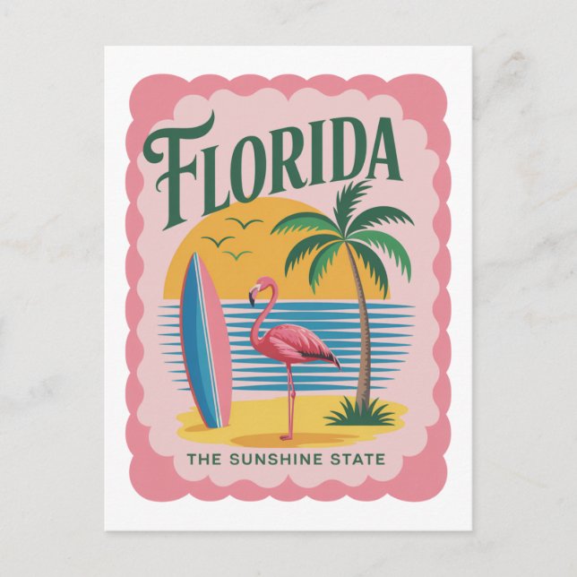 Cartão Postal Florida The Sunshine State Retro Flamingo Beach (Frente)