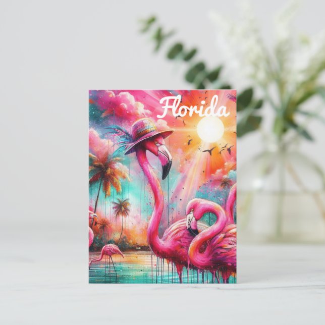 Cartão Postal Flórida Tropical Rosa Flamingos Palm Trees Sun (Em pé/Frente)