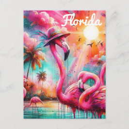 Cartão Postal Flórida Tropical Rosa Flamingos Palm Trees Sun